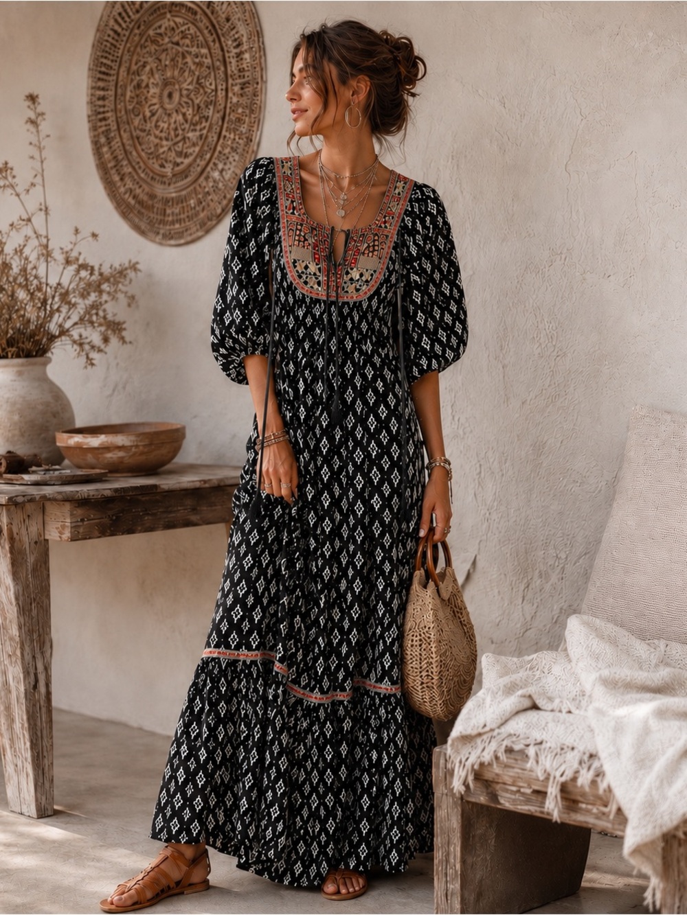 Farm Rio Embroidered Boho Maxi Dress Black White Tribal Print Flowy Sleeve S